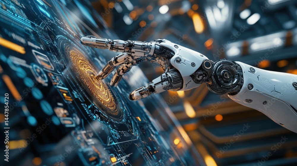 Poster a robotic arm with intricate gears and circuits, reaching out to interact with a virtual ai interfac