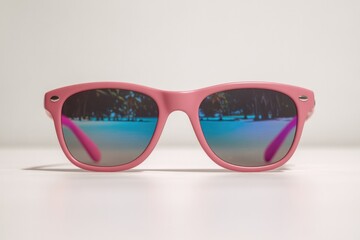 Stylish pink sunglasses with vibrant blue lenses reflecting natu