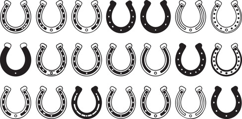 Silhouette Collection of Horseshoes in Various Styles, Ideal for Luck, Farm, and Equestrian