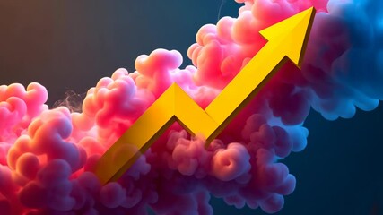 Bright yellow upward arrow cutting through pink and purple smoke clouds on a dark gradient background, symbolizing growth and success - Powered by Adobe