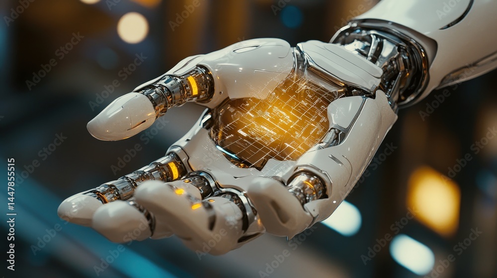 Poster a robotic hand with holographic fingertips, simulating an ai-driven user interface.