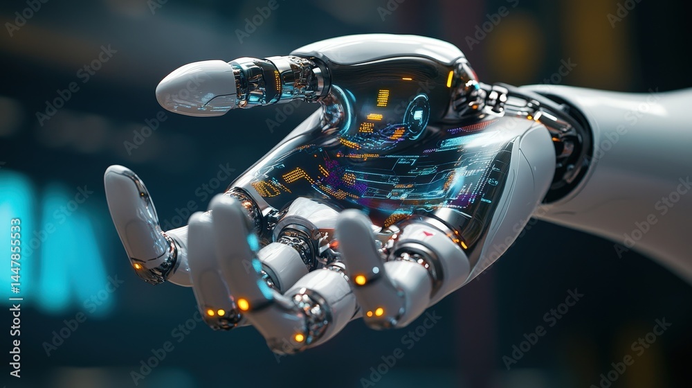 Poster a robotic hand with holographic fingertips, simulating an ai-driven user interface.