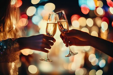 Romantic toast with champagne flutes against a backdrop of shimmering bokeh lights at a celebratory event