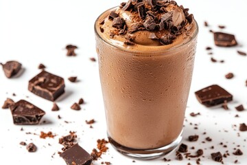 Chocolate smoothie in a glass, topped with chocolate shavings.  Chocolate chunks and cocoa powder are scattered around