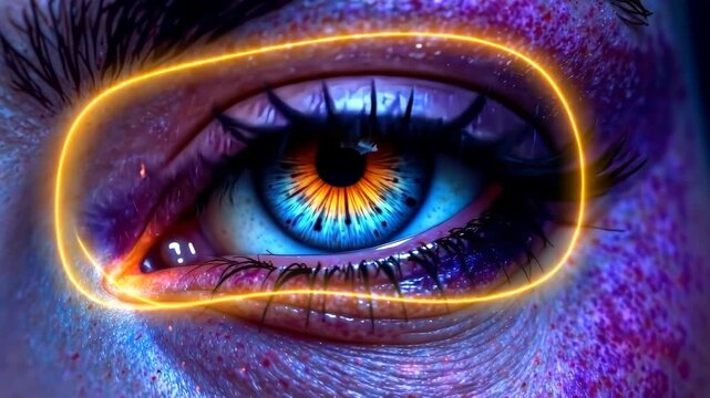 Close-up of a closed human eye with glowing neon oval line effect, colorful painted skin background, concept of futuristic aesthetics