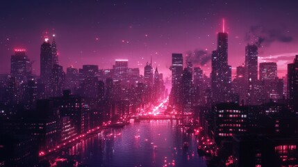 Fototapeta premium A romantic city skyline at night, with lights twinkling and a soft glow over a peaceful urban landscape.