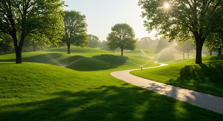 Serene Sunrise over a Lush Green Golf Course with Winding Stone Pathway and Sprinklers