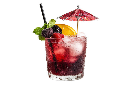 berry cocktail with umbrella and mint isolated on transparent background png