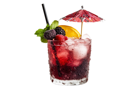 berry cocktail with umbrella and mint isolated on transparent background png