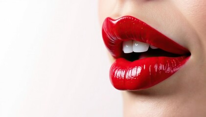 Obraz premium Close-up of luscious red lips on stark white backdrop, white background, matte