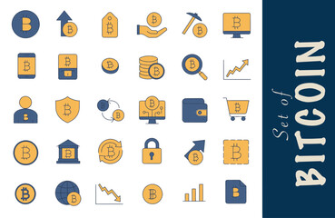 set of bitcoins. 30 vector illustration cryptocurrencies bitcoin style color blue and yellow icons 