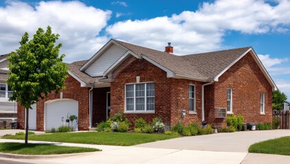 Brick suburban home with manicured lawn on a sunny day.