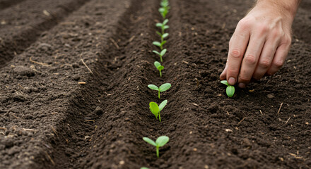 Planting seedlings in garden rows a close up view of early growth agricultural gardening image