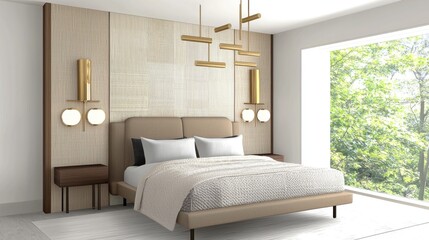 eclectic modern bedroom, textile wall panel, boucle bedspread, brass sconces, dusty palette, soft matte textures, layered light