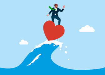 Open for new relationship. Businessman surfing on heart shape board. Life insurance family protection, guarding and security cover your love one, protect from illness. Health or disease. Vector