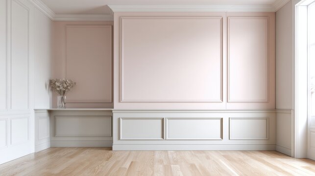 Empty room with blush pink accent wall and subtle molding, feminine tone, interior staging base, calm decorative contrast