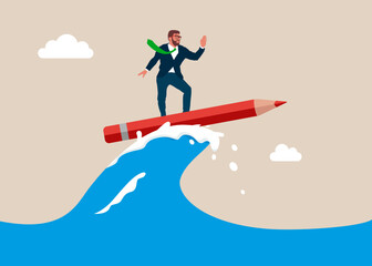 Confident businessman surfing on pencil. Fight the crisis. Move up motivation, the path to the target's achievement. Modern flat vector illustration.