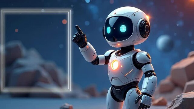 Cute humanoid robot pointing at glowing frame, futuristic style, space background with rocks and planets, concept of advanced technology
