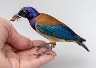 Obraz premium Colorful bird perches on a hand, showcasing vibrant feathers while holding an insect in its beak.