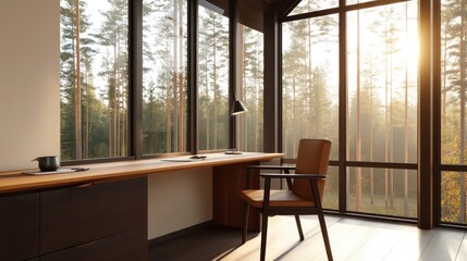 Modern workspace with wooden desk and chair, surrounded by large windows showcasing a forest at sunset