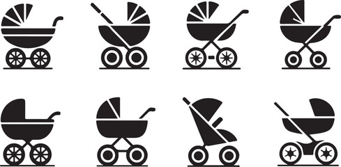 Silhouette Collection of Baby Strollers in Various Styles, Ideal for Parenting, Baby Care, and Infant Themes