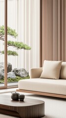 Japandi lounge, beige low sofa, full window opens to rock garden with bonsai pines, layered soft curtain