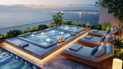 Fototapeta na wymiar Luxurious rooftop spa and lounging area with sea view at dusk and evening illumination