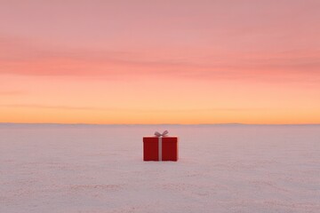 Bright red gifts stand alone on vast, snowy landscape under past