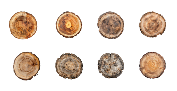 Collection of Wood cross section top view full length isolate on transparent background