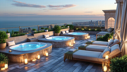 Fototapeta premium Luxurious rooftop spa and relaxation area overlooking cityscape at dusk