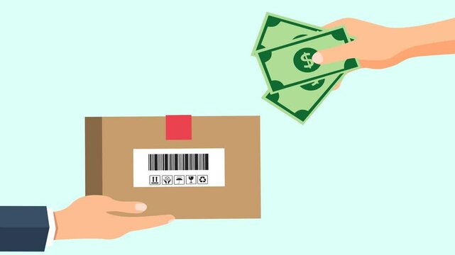 Cartoon Animation showing hands exchanging money for labeled packages on a pale blue background, depicting cash on delivery payment method for e-commerce transactions