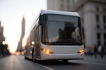 Obraz premium in foreground modern city bus awaits at bustling intersection