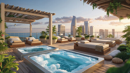 Luxurious rooftop spa featuring jacuzzis and lounge chairs with panoramic cityscape views