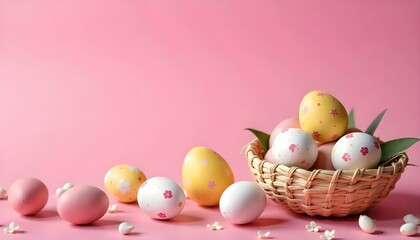 painted easter eggs on pink background with copy space