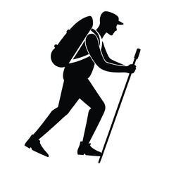Silhouette of a Hiker Trekking with Backpack and Poles