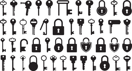 Silhouette Collection of Keys and Locks in Various Designs, Ideal for Security, Protection, and Access Theme