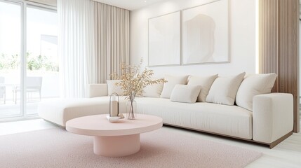 Modern cozy living room, ivory sofa, powder pink carpet, matching pastel pink round table, neutral walls, soft lighting