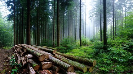 Obraz premium Stacked pine and spruce logs in a forest clearing, a serene woodland scene of natural harmony. 