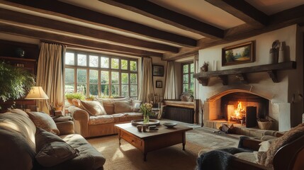 rustic Tudor cottage in the English countryside with wooden beams, a cozy fireplace, and a quaint garden