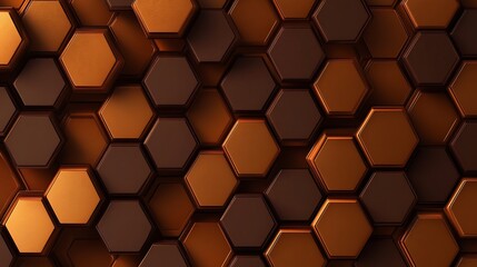 Gradient amber and chocolate brown 3D hexagonal background with moody lighting and dynamic shadow,