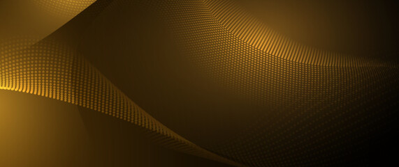 Illustration vector abstract wave, flow line, motion pattern and particle dot on gold color background. Modern futuristic, big data design for background. Digital datum, high tech, technology concept