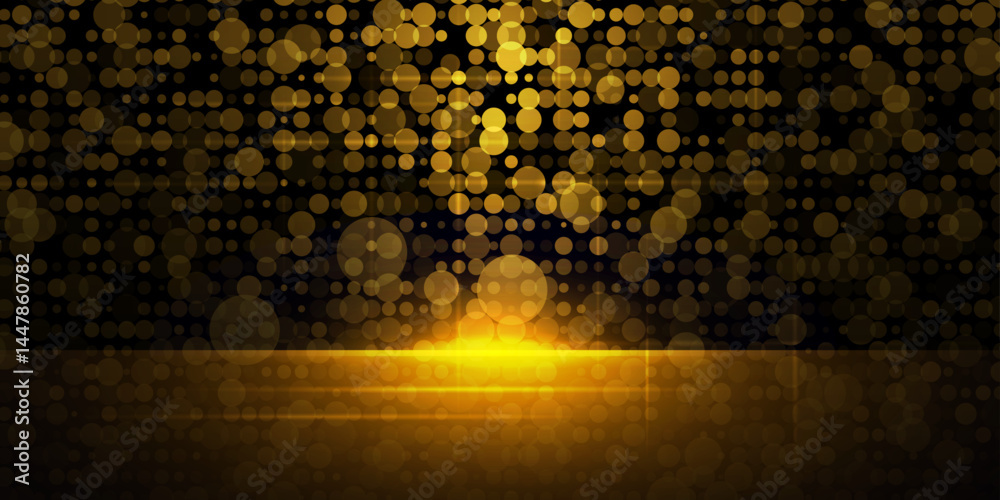 Poster Abstract glitter gold luxury background. illustration element with gold light glow effect, bokeh and glowing dot particle on black gradient color. Modern graphic design for wallpaper background