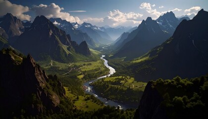 Una imagen ultra realista de un valle grande y hermoso, visto desde arriba,