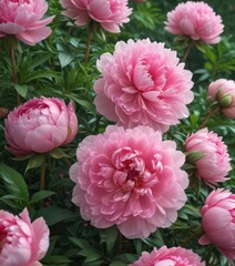 Luscious pink peonies, lush green foliage  Close-up view ,  floral design,  beautiful,  full bloom