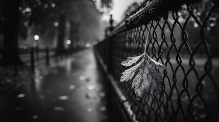 Leaf hangs on metal fence in black and white