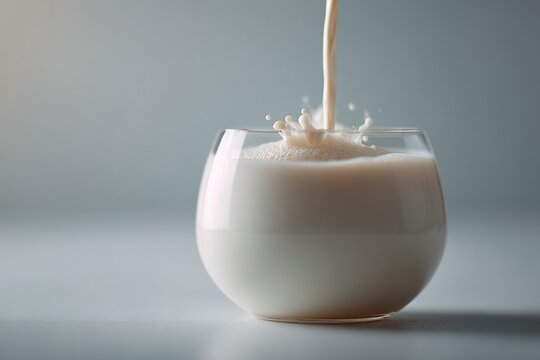 minimalistic close-up of pouring milk stream in clean white glass against bright background