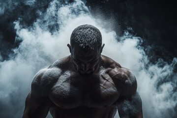 Muscular man with a powerful physique stands in a dramatic cloud of dust, showcasing strength and determination, embodying the essence of athleticism and hard work in a striking visual
