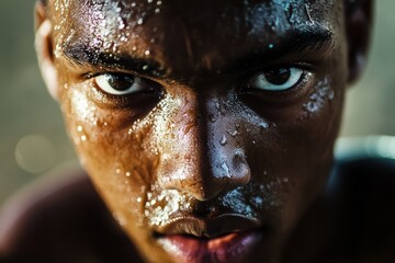 Close-up portrait of an african american male with glistening skin, showcasing intense expression and captivating gaze, highlighting determination and strength in a dynamic environment