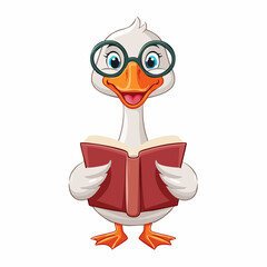 Funny cartoon goose holding a book and wearing round glasses