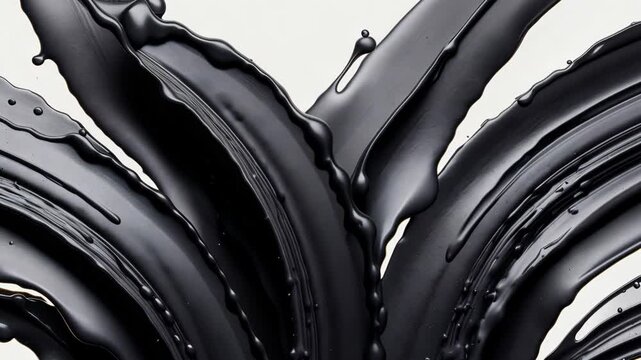 Flowing black paint strokes splash outward, creating petal-like forms with glossy texture on white backdrop, symbolizing creativity and boldness